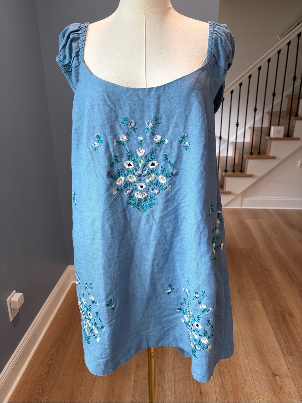 Free People Wildflower Embroidered Mini Dress Copen Blue Linen Blend Medium - Picture 2 of 10